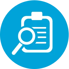 Circular blue icon of magnifying glass and clipboard